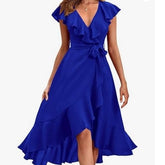 new V-neck short sleeve ruffled long temperament lace-up dress