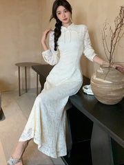 Elegant Hollow Out Lace Cheongsam Dress Chinese Style New Fashion Sexy Slim Wedding Party Dresses Solid Bodycon Vestidos Mujer