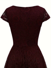 Solid Lace Asymmetrical Ruffle Hem Dress, Elegant Crew Neck Aline Dress For Wedding Party, Women's Clothing