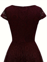 Solid Lace Asymmetrical Ruffle Hem Dress, Elegant Crew Neck Aline Dress For Wedding Party, Women's Clothing