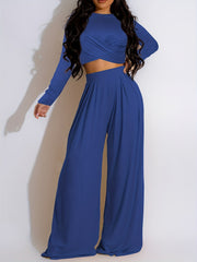 Chic Solid Twist Front Crop Top & Wide Leg Pants Set - Effortlessly Stylish Two-piece Outfit for Women - Casual Everyday Wear