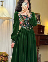 Vintage France Green Velvet Floral Dress for Women Chic Auricular A-line Party Prom Robe Winter Spring Harajuku Clothes