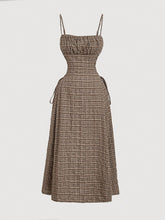 Vintage Beige Plaid Midi Dress for Women with Front Right Side Ruched Tie Detail - Sleeveless, Polyester, Machine Washable - Ideal for Spring/Summer/Fall