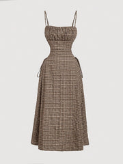 Vintage Beige Plaid Midi Dress for Women with Front Right Side Ruched Tie Detail - Sleeveless, Polyester, Machine Washable - Ideal for Spring/Summer/Fall