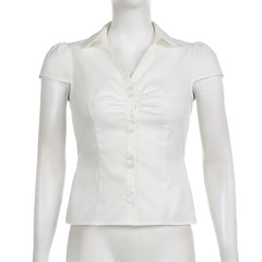 Vintage Folds Crop Top White Button Up Short Sleeve Blouse Women Bandage Korean Fashion T-shirt Casual Streetwear y2k Tee