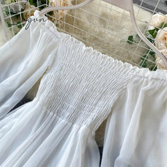Ingvn - New Spring Autumn Dresses for Women Women Elegant Holiday Dresses Puff Sleeve Slash Neck Off Shoulder Smocked White Chiffon Dresses