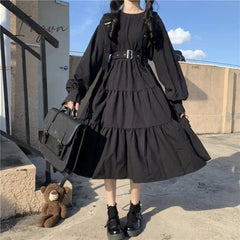 Ingvn - Gothic Style Dress Women Harajuku Gothic Lolita Kawaii Dress Punk Cute Long Sleeve Black Midi Dress Emo Mall Goth