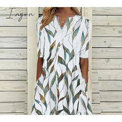 Ingvn - Women's Casual Dress Shift Dress Midi Dress White Blue Half Sleeve Leaf Print Summer Spring V Neck Classic Vacation 2023 S M L XL XXL 3XL