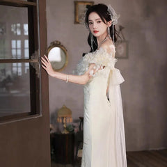 Beige white light luxury fairy evening dress new line shoulder waist fish tail banquet evening dress