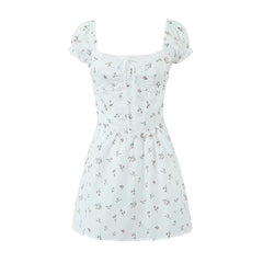 Women Sexy Elegant Pink Mini Dress Vintage Puff Sleeve Slim Low Waist Holiday Party Dresses Lacing Up Back Summer Robe