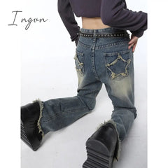 Ingvn - Vintage Blue High Waist Women Jeans Stars American Fashion Streetwear Wide Leg Jean Female Trouser Straight Baggy Denim Pants