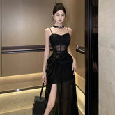 Elegant Black Long Dresses for Women Summer New French Sexy Fashion Sleeveless Split Birthday Evening Party Female Clothing