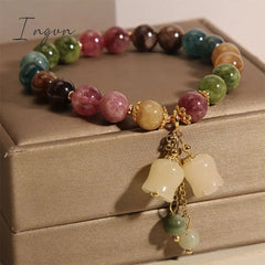 New Trendy Personality Colorful Tourmaline Natural Stone Beaded Bracelet for Women Niche Design Party Jewelry Girlfriend Gifts