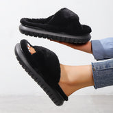 Womens Faux Fur Platform Slippers - Ultra-Soft Open Toe Design with Criss Cross Straps - Solid Color Casual Indoor Slides for Cloud-Like Comfort