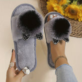 Cute Pom-pom Cat House Slippers, Cozy Open Toe Plush Flat Floor Shoes, Winter Warm Home Fuzzy Slippers