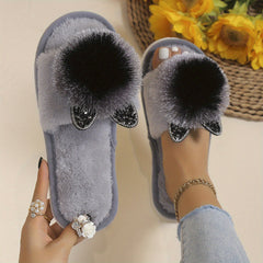 Cute Pom-pom Cat House Slippers, Cozy Open Toe Plush Flat Floor Shoes, Winter Warm Home Fuzzy Slippers