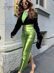 Ingvn - PU Leather Green Split Skirt for Women High Waist Hip Package Pathwork Bodycon Maxiskirt Sexy Female Prom Skirt New in 2023