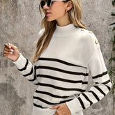 Casual Women's Striped Mock Neck Long Sleeve Pullover Sweater with Fake Button Detail