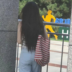 Ingvn Korean Striped Double-sided Canvas Bag Summer New Niche Design Large Capacity Student Tote Bags