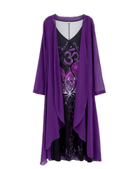Elegant Floral Print Tank Dress Set, Long Sleeve Open Front Ruffle Trim Top & V Neck Sleeveless Loose Tank Dress Outfits, Women's Clothing