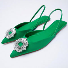 ZA Women's Shoes 2026 Summer New Yellow Rhinestone Buckle Slingbacks Shoes Pointed Toe Flat Elegant Wedding Shoes