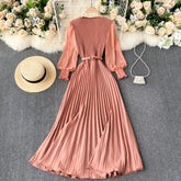 Ingvn - Vintage Women Pleated Long Dress Female Elegant Lantern Long Sleeve High Waist Red/Purple Draped Maxi Vestidos Spring Autumn New