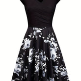 Charming Floral Print V-Neck Dress - Stylish & Flowy Short Sleeve Style - Perfect for Spring & Summer - Womens Casual to Formal Wear