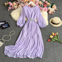 Ingvn - New Spring Autumn French O-neck long sleeve Dress polka dot printing high waist lace up mid-length A-line pleated Dress