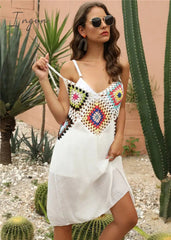 Ingvn - Crochet Beach Cover-ups Summer Tunic Cover Up saida de praia Knitted Swimsuit Ups for Women Vestido Playa Mujer White Dress