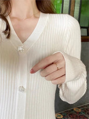 Solid Knitted Dresses for Women Autumn Long Sleeves V-neck Single Breasted Pleated Ruffles Casual Korean Fashion Female Clothing