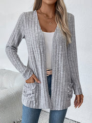 Cozy Ribbed Cardigan - Casual Jackets for Women with Dual Pockets and Long Sleeves for Spring and Fall - Soft, Open Front, and Versatile
