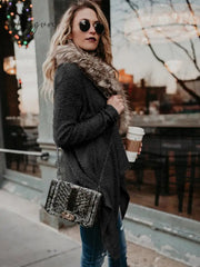 Ingvn - Fur Collar Cardigan Plush Trench Coat
