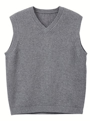 Plus Size Men's Solid Knit Textured Vest Sweater for Spring/Autumn - Oversized Trendy Sleeveless Sweater for Males