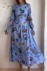 Ingvn - Casual Print Hollowed Out Frenulum O Neck Princess Dresses