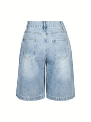 Women Summer Denim Jorts Vintage Cat Whisker Washed Loose Slant Pockets Daily Wear Bermuda Knee-length Shorts