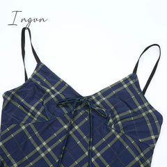 Ingvn - E-Girl 90s Spaghetti Strap Bandage Front Ruffles Plaid Dresses Vintage Mesh V-neck Backless A-line Mini Dress Partywear