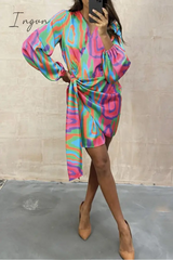 Ingvn - Casual Print Patchwork V Neck Irregular Dress Dresses
