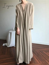 Ingvn - New Lace Up Buttons Women Spring Summer Dresses Fashionable V-Neck Vintage Oversized Lady Pure Long Dress DR1150