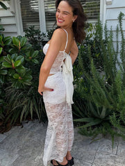 White Lace Sexy Two Piece Sets Woman Halter Top And Long Maxi Skirt Ladies Fashion Sheer Mesh Elegant Matching Sets