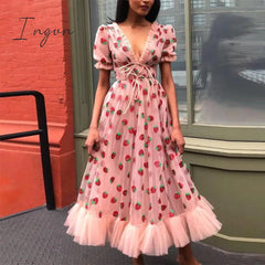 Ingvn - Spring S-5XL Sexy V-Neck Strawberry Pink Mesh Lace Pleated Belt Girly Style Cute Plus Size High Waist Long Dress