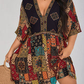 Plus Size Floral Print Dress, Casual Short Sleeve V Neck Dress For Spring & Summer, Women's Plus Size Clothing