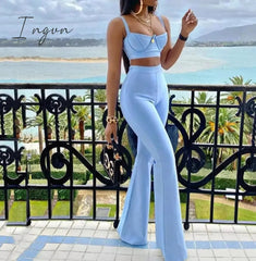 Ingvn - Summer New Women's Fashion Sexy Bandage 2 Two-piece Set Sleeveless Tight Short Top & High Waist Flared Trousers Pants Set