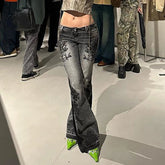 Streetwear y2k Flare Jeans Distressed 2000s Floral Print Low Rise Slim Denim Pants Korean Women Trousers Retro Mom Jeans
