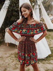 Ingvn - Bohemian Print Off-Shoulder Strapless Knee Length Dress