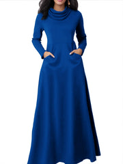 Elegant Long Sleeve Maxi Fit and Flare Dress with Pockets - Soft High Elasticity Polyester Fabric, Solid Color, Cowl Neck, Comfortable for All Seasons - Womens Everyday Wear
