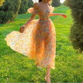 Ingvn - Hot Sale Summer Floral Design Elegant Midi Dresses Women Office Lady One Piece Dress Korean Short Sleeve Vintage Beach Strap Dress