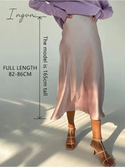 Ingvn - Women High Waisted Skirt Silk Satin Skirts A-Line Elegant Skirts Summer Pink Midi Skirt New Korean Style pencil skirt 2023