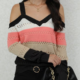 Chic Striped Long Sleeve Cold Shoulder Sweater - Soft, Cozy, Relaxed Fit Pullover for Women - Casual, Versatile, and Comfortable Winter Clothing