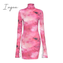 Ingvn - Tie Dye Mock Neck Bodycon Dresses For Women Side Split Ribbed Long Sleeve Clubwear Midnight Outfit Party Mini Dress Hot