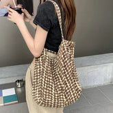 Ingvn Women's Brown Round Dot Shoulder Bag Canvas Shopping Bags Simple Student Tote Handbag Summer
